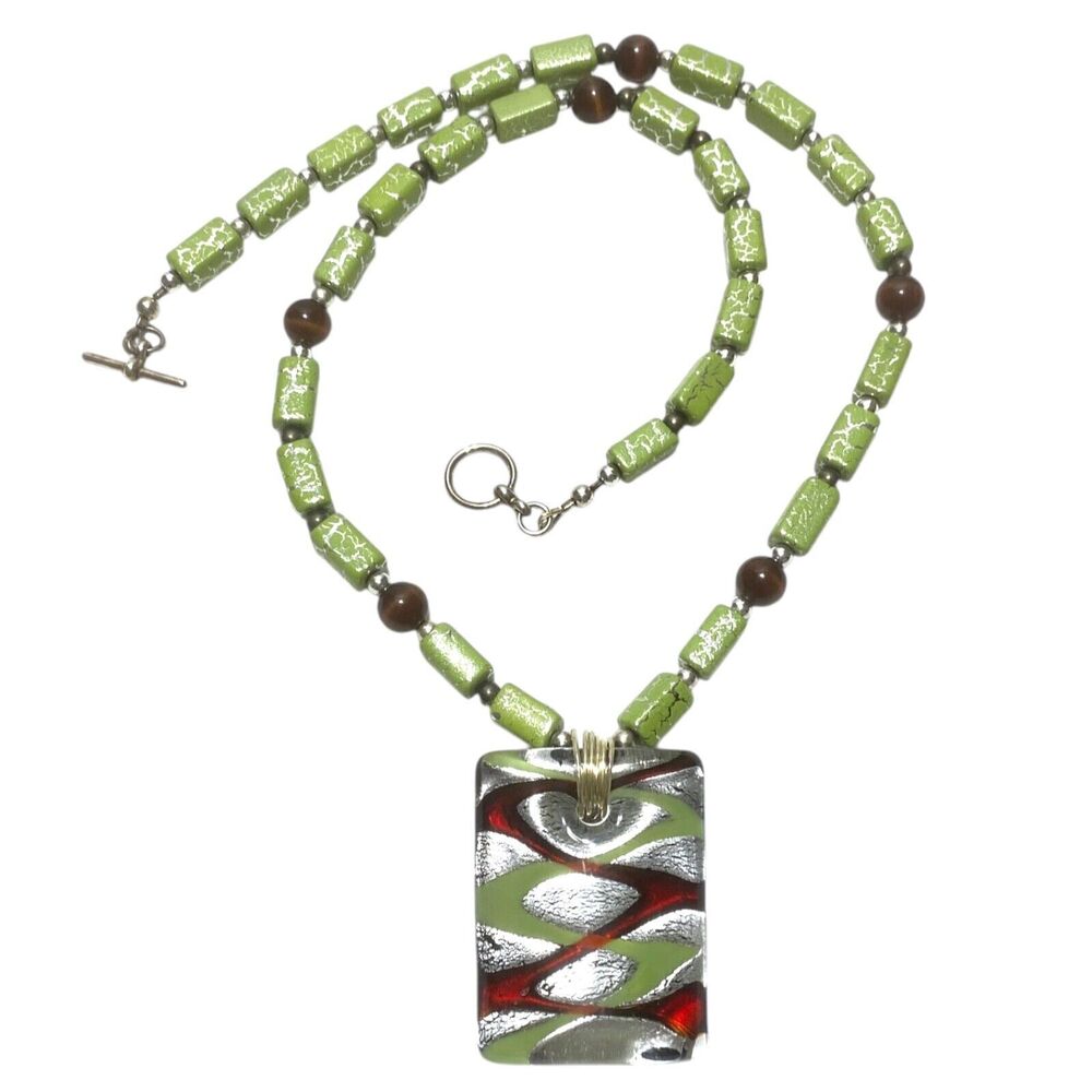 Green Lampwork Art Glass Pendant Necklace Beaded Tigers Eye Artisan Handmade